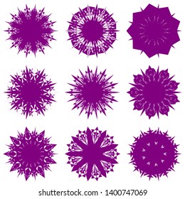 Purple Flowers / Pseudo-Snowflakes on white background. Sharp set of 9 items. 9 (nine) angles. - Vector