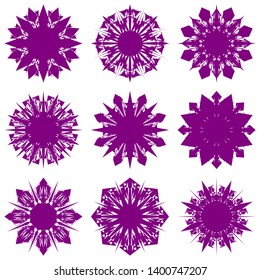 Purple Flowers / Pseudo-Snowflakes on white background. Sharp set of 9 items. 8 (eight) angles. - Vector