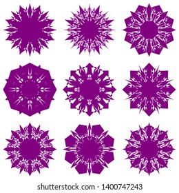 Purple Flowers / Pseudo-Snowflakes on white background. Sharp set of 9 items. 8 (eight) angles. - Vector