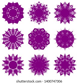 Purple Flowers / Pseudo-Snowflakes on white background. Sharp set of 9 items. 8 (eight) angles. - Vector