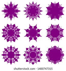 Purple Flowers / Pseudo-Snowflakes on white background. Sharp set of 9 items. 8 (eight) angles. - Vector