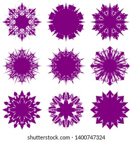 Purple Flowers / Pseudo-Snowflakes on white background. Sharp set of 9 items. 8 (eight) angles. - Vector