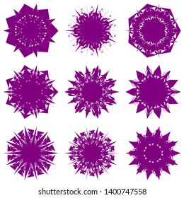 Purple Flowers / Pseudo-Snowflakes on white background. Sharp set of 9 items. 7 (seven) angles. - Vector