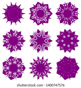 Purple Flowers / Pseudo-Snowflakes on white background. Sharp set of 9 items. 7 (seven) angles. - Vector