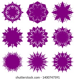 Purple Flowers / Pseudo-Snowflakes on white background. Sharp set of 9 items. 8 (eight) angles. - Vector