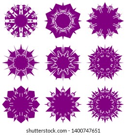 Purple Flowers / Pseudo-Snowflakes on white background. Sharp set of 9 items. 8 (eight) angles. - Vector