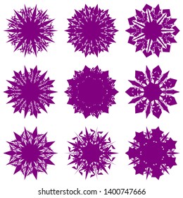Purple Flowers / Pseudo-Snowflakes on white background. Sharp set of 9 items. 7 (seven) angles. - Vector