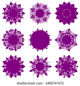 Purple Flowers / Pseudo-Snowflakes on white background. Sharp set of 9 items. 7 (seven) angles. - Vector