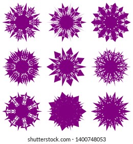 Purple Flowers / Pseudo-Snowflakes on white background. Sharp set of 9 items. 7 (seven) angles. - Vector