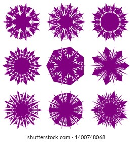 Purple Flowers / Pseudo-Snowflakes on white background. Sharp set of 9 items. 7 (seven) angles. - Vector
