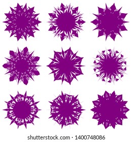 Purple Flowers / Pseudo-Snowflakes on white background. Sharp set of 9 items. 7 (seven) angles. - Vector