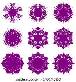 Purple Flowers / Pseudo-Snowflakes on white background. Sharp set of 9 items. 6 (six) angles. - Vector
