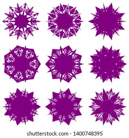 Purple Flowers / Pseudo-Snowflakes on white background. Sharp set of 9 items. 7 (seven) angles. - Vector