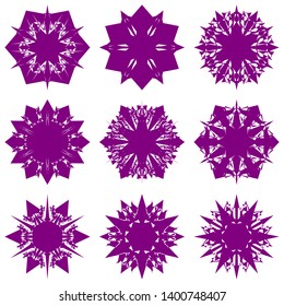 Purple Flowers / Pseudo-Snowflakes on white background. Sharp set of 9 items. 6 (six) angles. - Vector