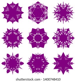 Purple Flowers / Pseudo-Snowflakes on white background. Sharp set of 9 items. 6 (six) angles. - Vector