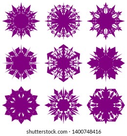 Purple Flowers / Pseudo-Snowflakes on white background. Sharp set of 9 items. 6 (six) angles. - Vector