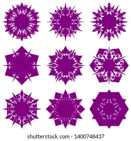 Purple Flowers / Pseudo-Snowflakes on white background. Sharp set of 9 items. 6 (six) angles. - Vector
