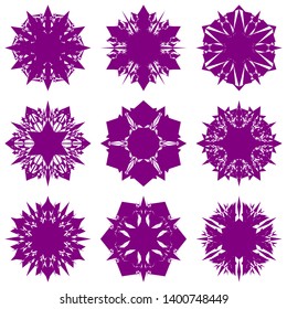 Purple Flowers / Pseudo-Snowflakes on white background. Sharp set of 9 items. 6 (six) angles. - Vector
