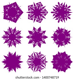 Purple Flowers / Pseudo-Snowflakes on white background. Sharp set of 9 items. 5 (five) angles. - Vector