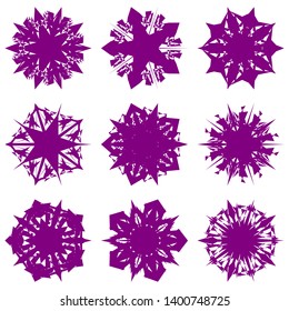 Purple Flowers / Pseudo-Snowflakes on white background. Sharp set of 9 items. 5 (five) angles. - Vector