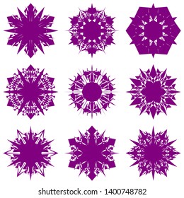 Purple Flowers / Pseudo-Snowflakes on white background. Sharp set of 9 items. 6 (six) angles. - Vector