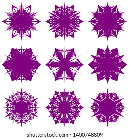 Purple Flowers / Pseudo-Snowflakes on white background. Sharp set of 9 items. 6 (six) angles. - Vector