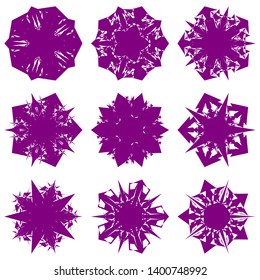 Purple Flowers / Pseudo-Snowflakes on white background. Sharp set of 9 items. 5 (five) angles. - Vector