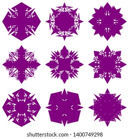 Purple Flowers / Pseudo-Snowflakes on white background. Sharp set of 9 items. 4 (four) angles. - Vector