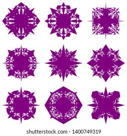 Purple Flowers / Pseudo-Snowflakes on white background. Sharp set of 9 items. 4 (four) angles. - Vector