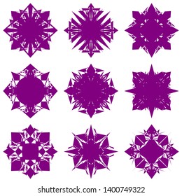 Purple Flowers / Pseudo-Snowflakes on white background. Sharp set of 9 items. 4 (four) angles. - Vector