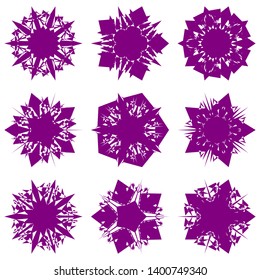 Purple Flowers / Pseudo-Snowflakes on white background. Sharp set of 9 items. 5 (five) angles. - Vector