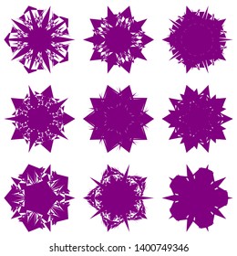 Purple Flowers / Pseudo-Snowflakes on white background. Sharp set of 9 items. 5 (five) angles. - Vector