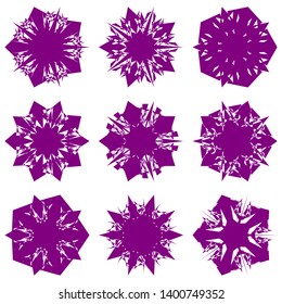 Purple Flowers / Pseudo-Snowflakes on white background. Sharp set of 9 items. 5 (five) angles. - Vector