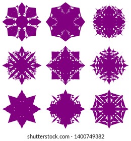 Purple Flowers / Pseudo-Snowflakes on white background. Sharp set of 9 items. 4 (four) angles. - Vector