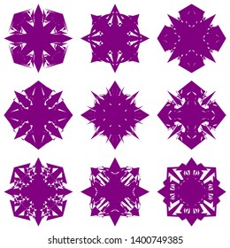 Purple Flowers / Pseudo-Snowflakes on white background. Sharp set of 9 items. 4 (four) angles. - Vector