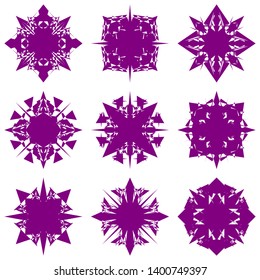 Purple Flowers / Pseudo-Snowflakes on white background. Sharp set of 9 items. 4 (four) angles. - Vector