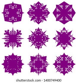 Purple Flowers / Pseudo-Snowflakes on white background. Sharp set of 9 items. 4 (four) angles. - Vector