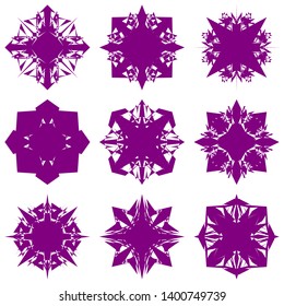 Purple Flowers / Pseudo-Snowflakes on white background. Sharp set of 9 items. 4 (four) angles. - Vector