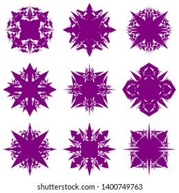 Purple Flowers / Pseudo-Snowflakes on white background. Sharp set of 9 items. 4 (four) angles. - Vector