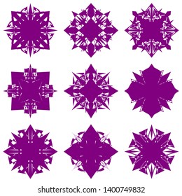 Purple Flowers / Pseudo-Snowflakes on white background. Sharp set of 9 items. 4 (four) angles. - Vector