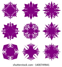 Purple Flowers / Pseudo-Snowflakes on white background. Sharp set of 9 items. 4 (four) angles. - Vector