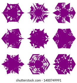 Purple Flowers / Pseudo-Snowflakes on white background. Sharp set of 9 items. 3 (three) angles. - Vector