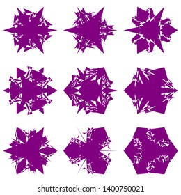 Purple Flowers / Pseudo-Snowflakes on white background. Sharp set of 9 items. 3 (three) angles. - Vector