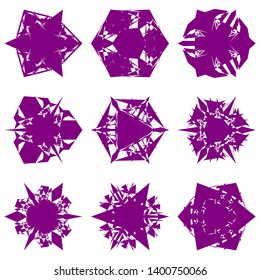 Purple Flowers / Pseudo-Snowflakes on white background. Sharp set of 9 items. 3 (three) angles. - Vector