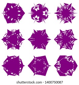 Purple Flowers / Pseudo-Snowflakes on white background. Sharp set of 9 items. 3 (three) angles. - Vector