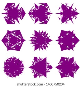 Purple Flowers / Pseudo-Snowflakes on white background. Sharp set of 9 items. 3 (three) angles. - Vector