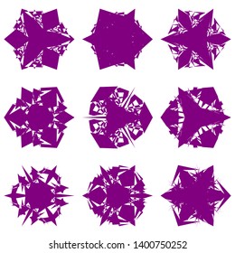 Purple Flowers / Pseudo-Snowflakes on white background. Sharp set of 9 items. 3 (three) angles. - Vector