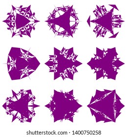 Purple Flowers / Pseudo-Snowflakes on white background. Sharp set of 9 items. 3 (three) angles. - Vector