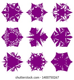 Purple Flowers / Pseudo-Snowflakes on white background. Sharp set of 9 items. 3 (three) angles. - Vector