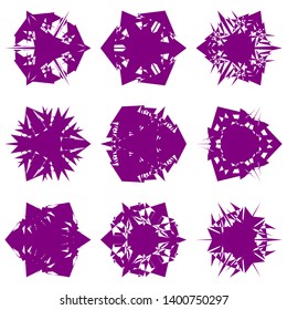 Purple Flowers / Pseudo-Snowflakes on white background. Sharp set of 9 items. 3 (three) angles. - Vector